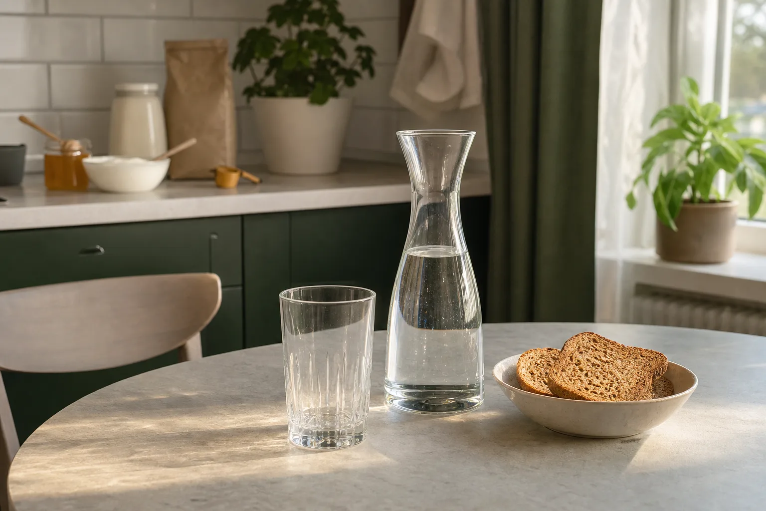 Tomt glas, vattenkaraff och rostat bröd på köksbord