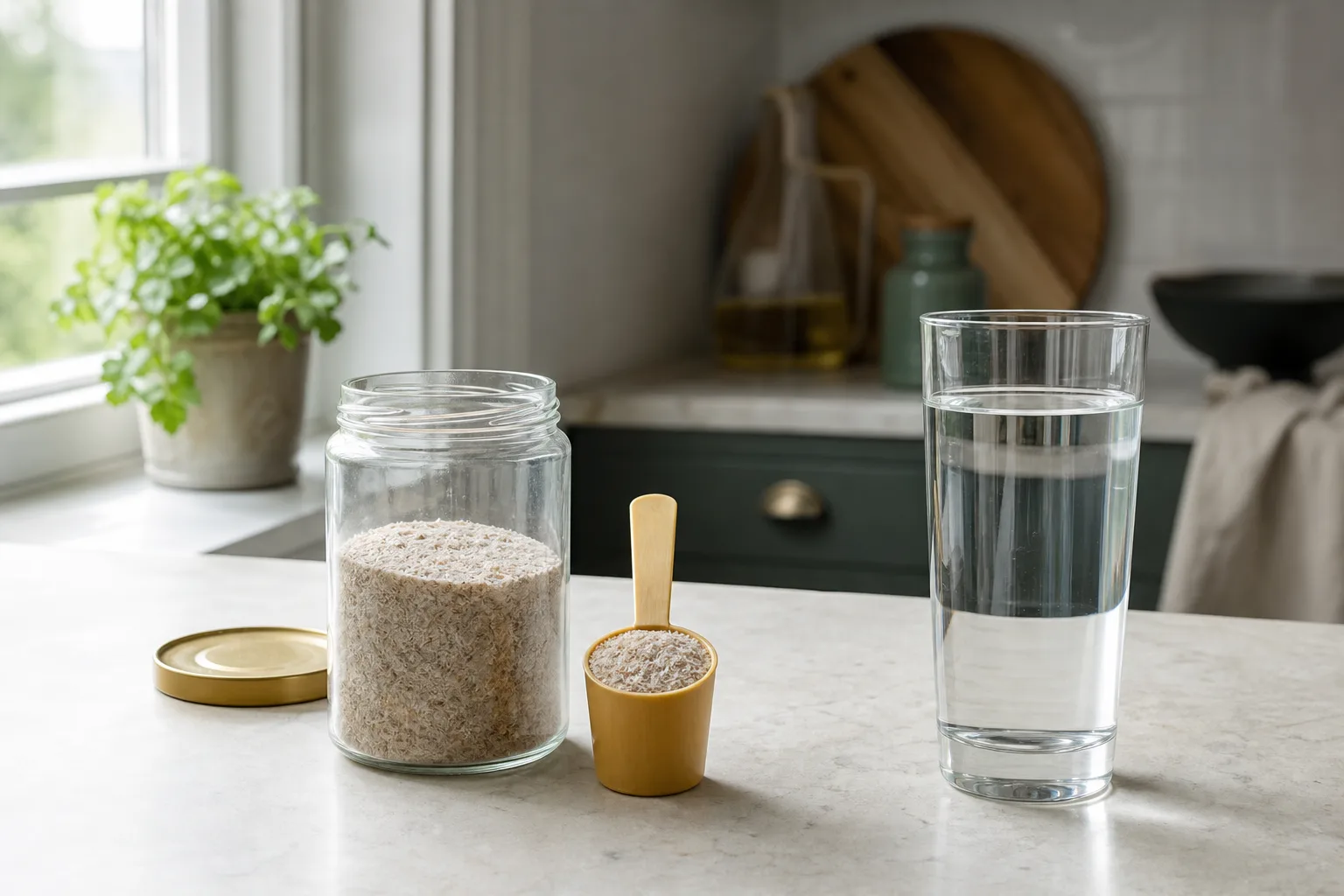 Psylliumfrön, måttskopa och glas vatten på bänk