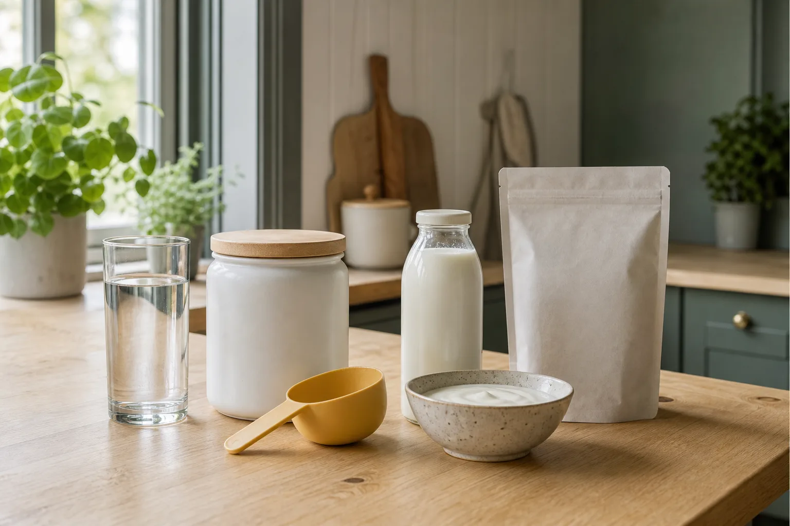 Glas vatten, neutral burk och filskål på köksbänk