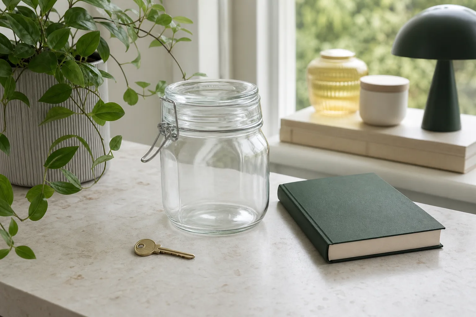 Glasburk med nyckel, växt och stängd bok