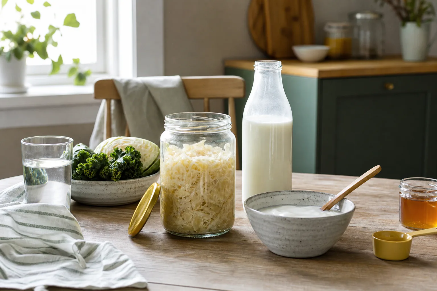 Surkål, fil och kefir med grönsaker på köksbord