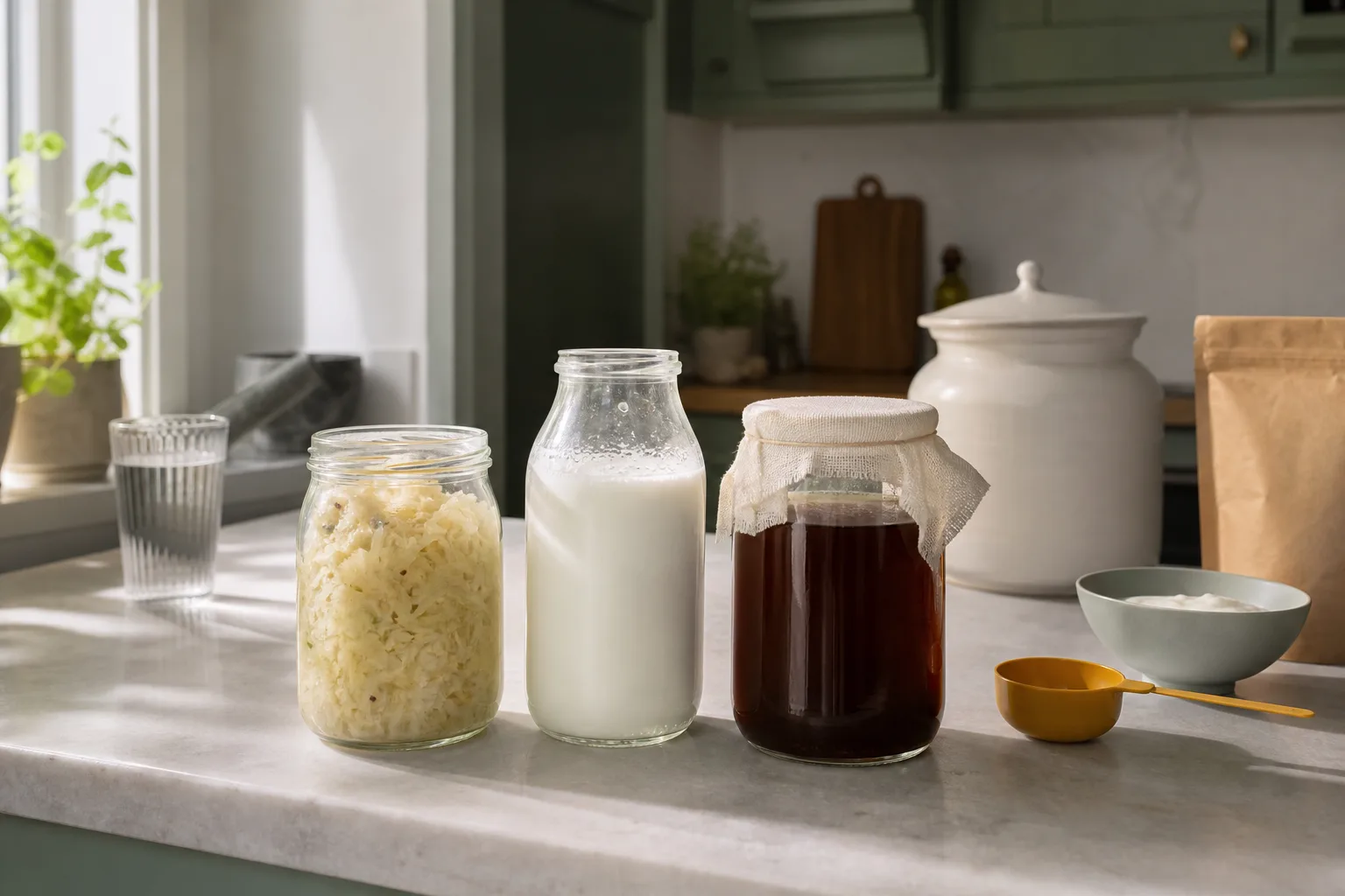 Tre kärl med surkål, kefir och mörk dryck