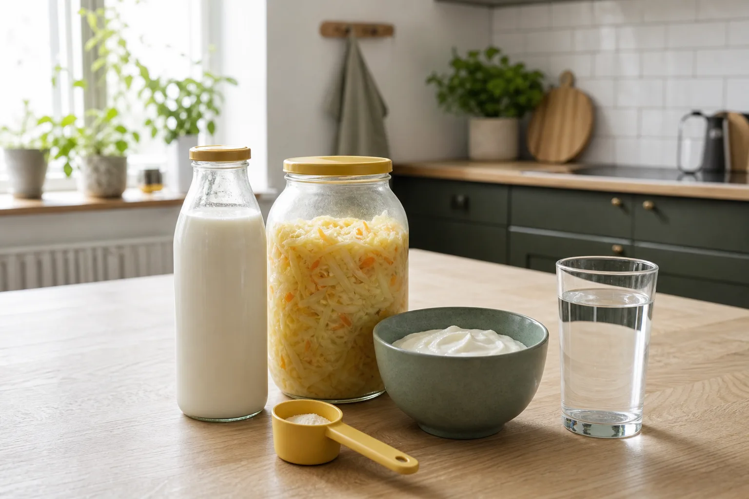 Kefir, surkål och fil på köksbänk