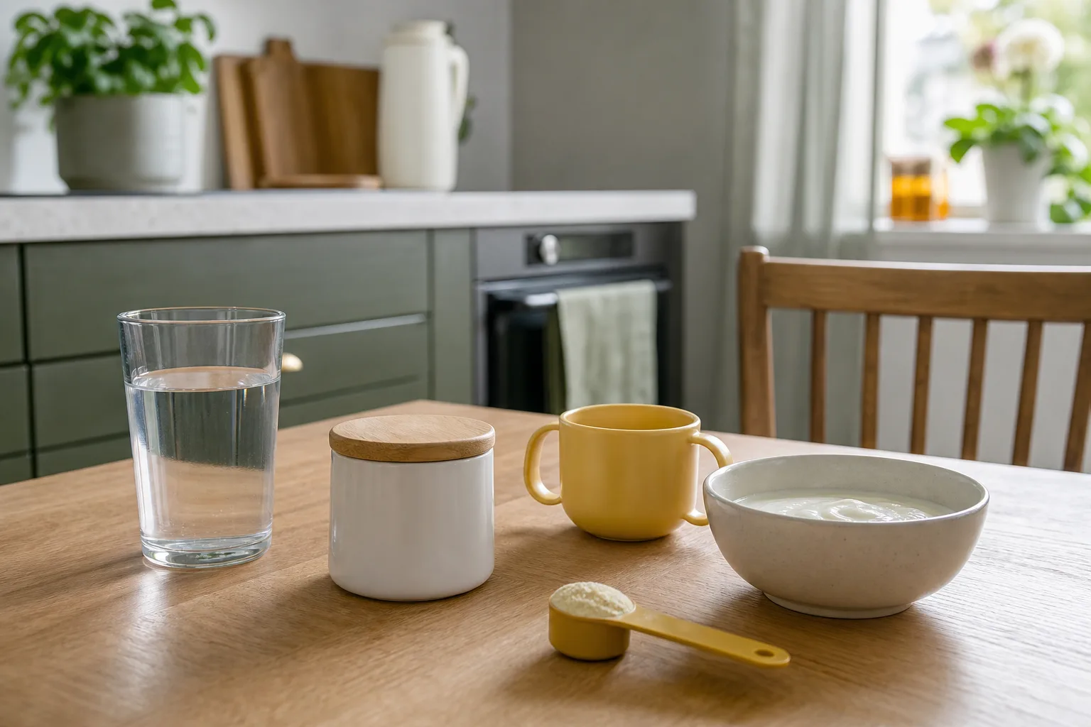 Barnmugg, yoghurtskål och neutral burk på köksbord