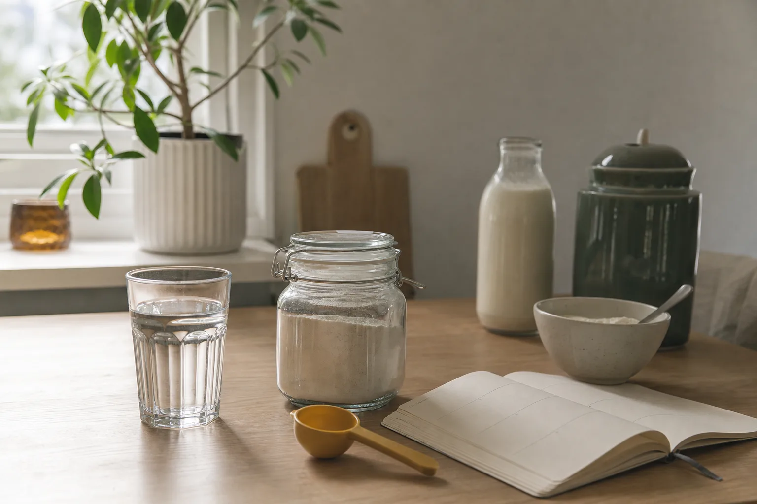 Neutral burk och glas vatten vid oläslig veckoplanerare