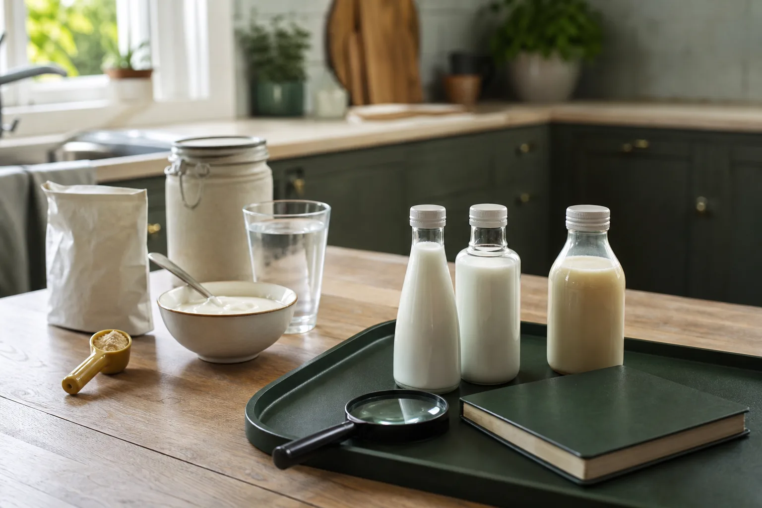 Tre neutrala flaskor med förstoringsglas på bricka