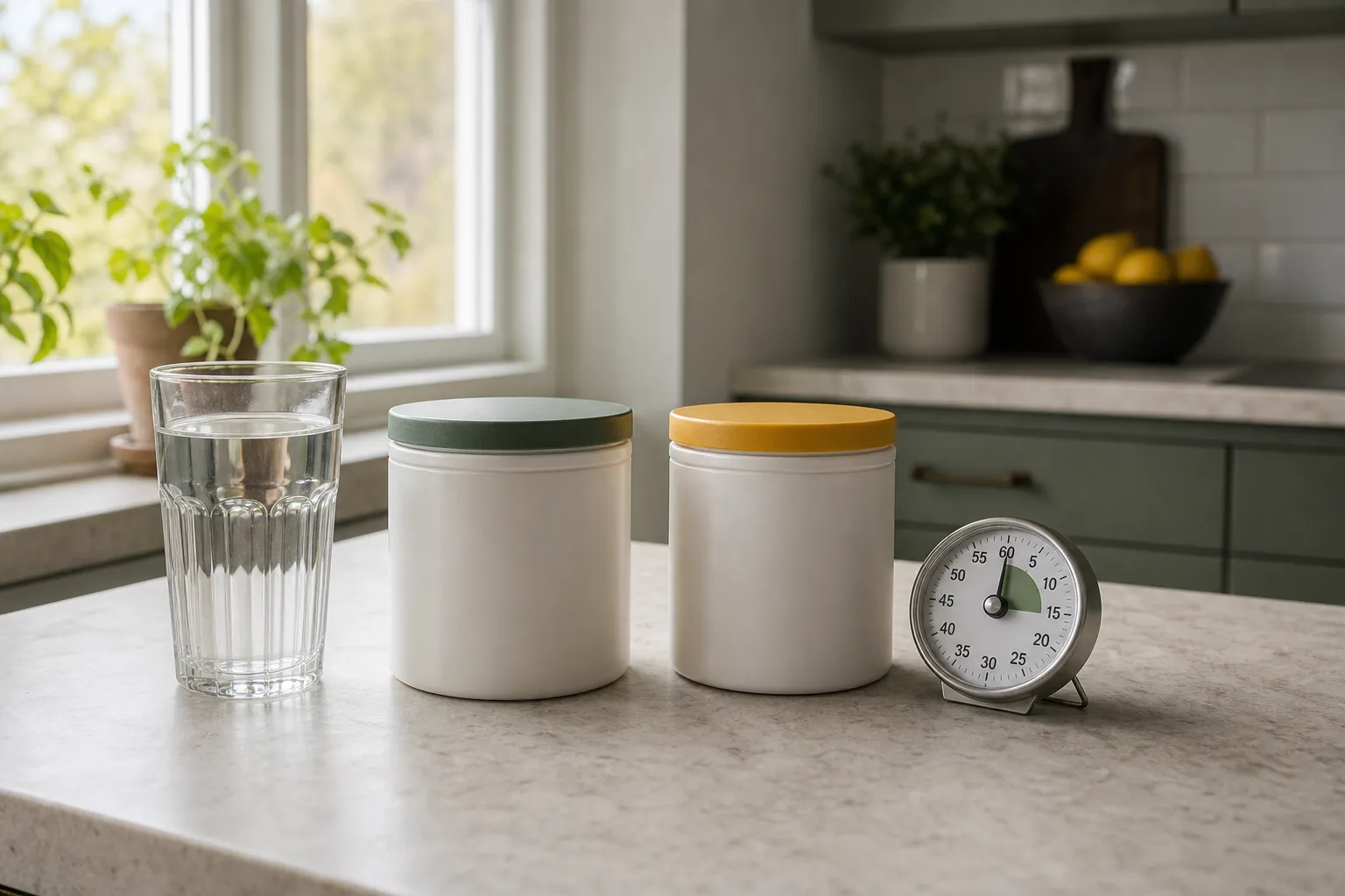 Två neutrala burkar med glas vatten och köksklocka