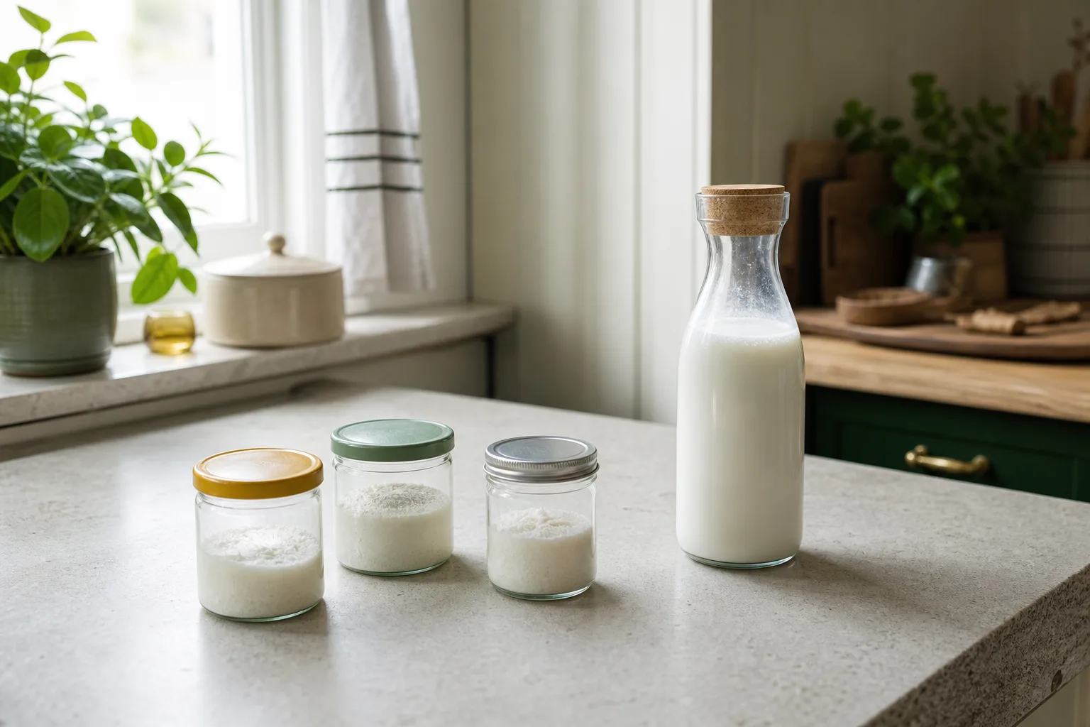 Neutrala burkar och kefirflaska på ljus köksbänk