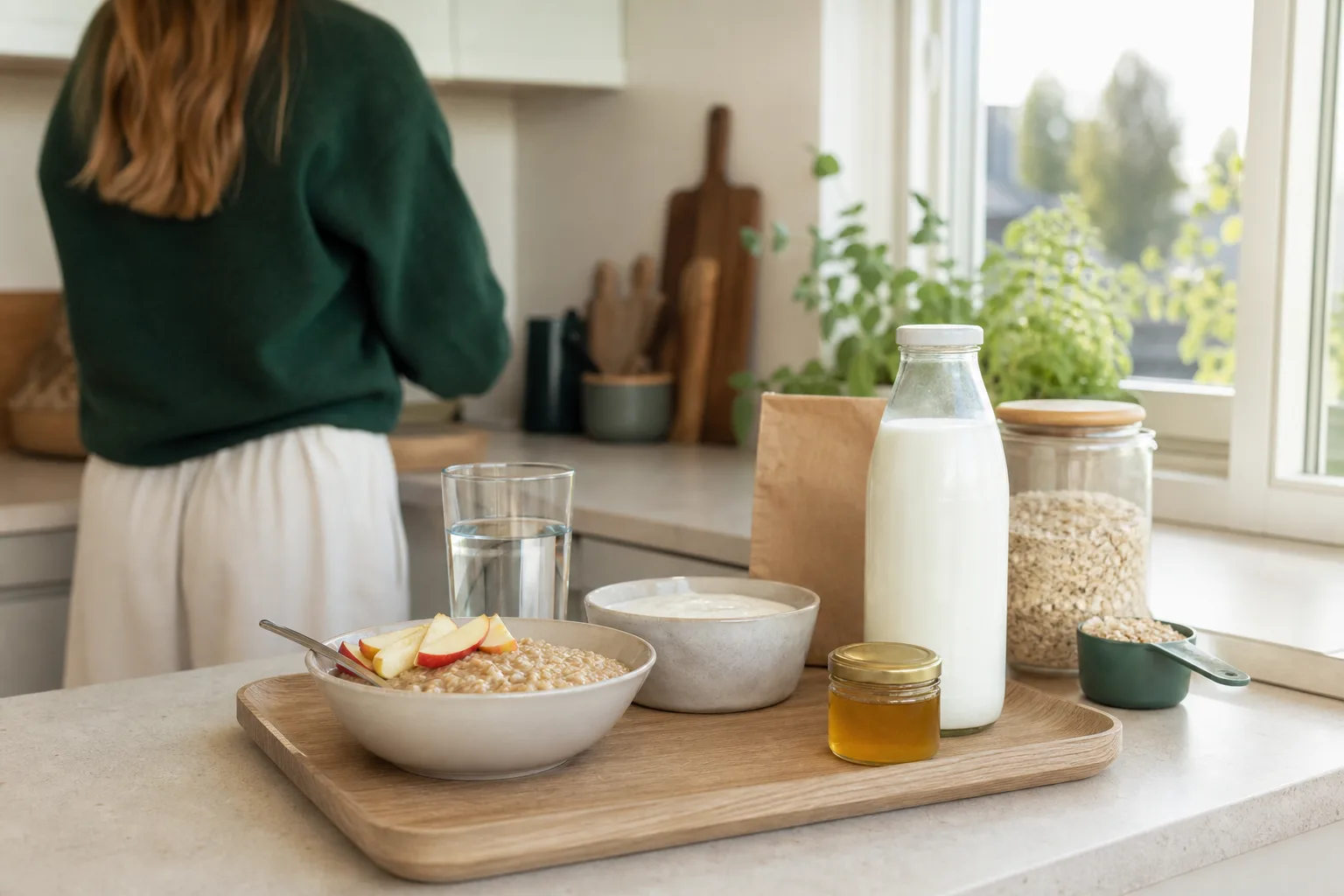 Frukostbricka med havregryn, äpple, kefir och vatten