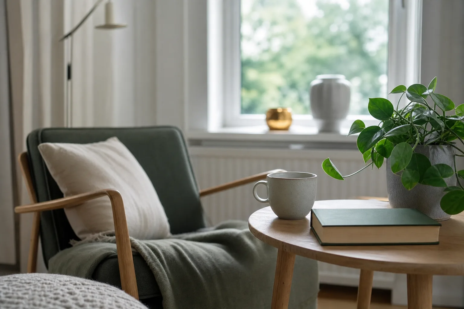 Tekopp och stängd bok vid fåtölj i fönsterljus