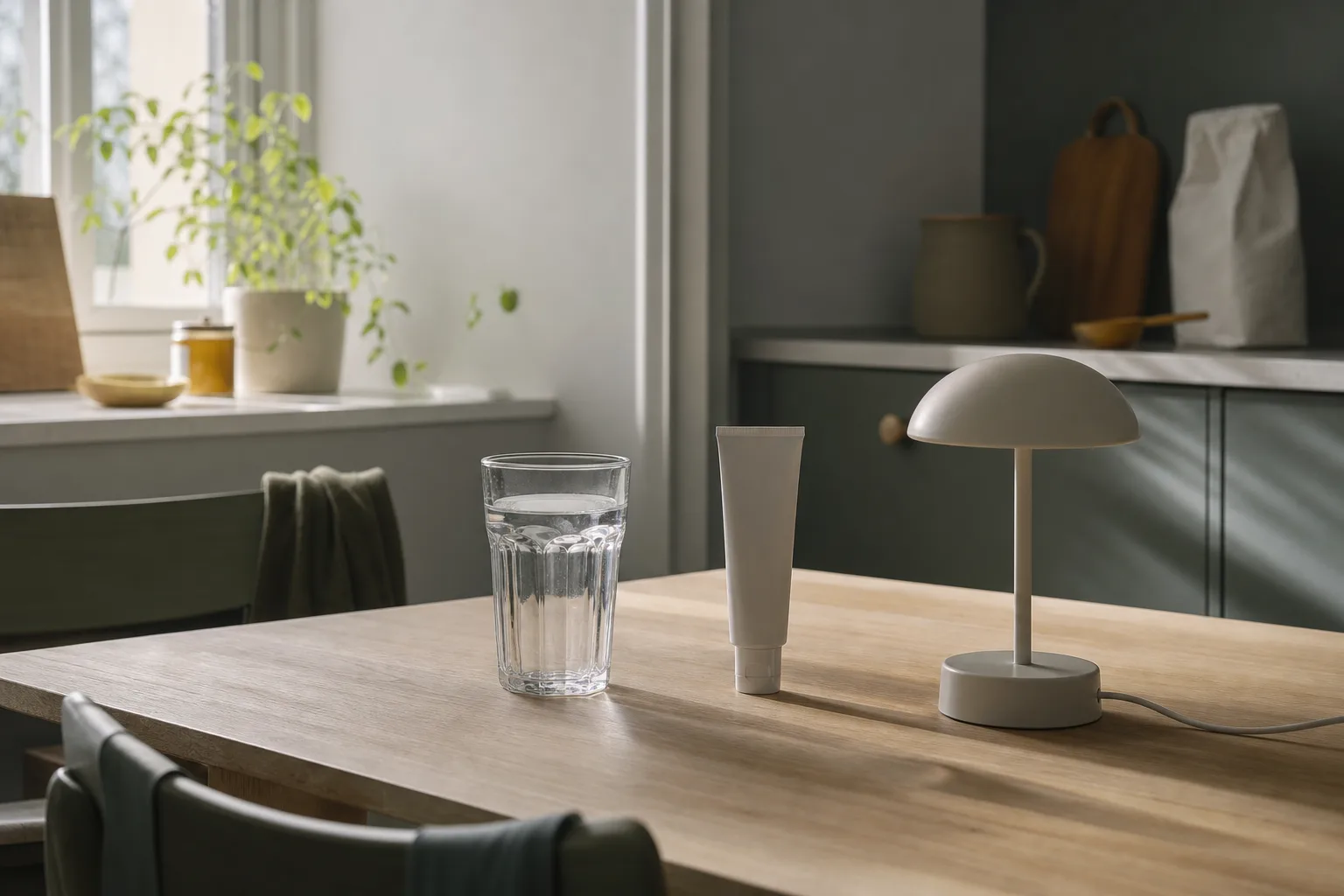 Vatten och neutral tub på köksbord i morgonljus