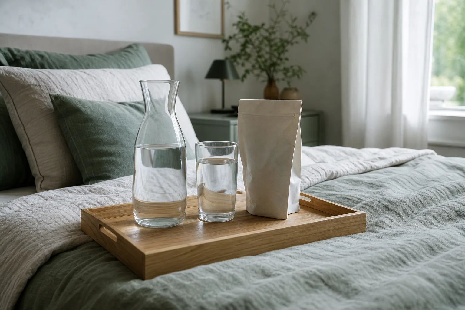 Vattenkaraff, glas och neutral portionspåse på sängbricka