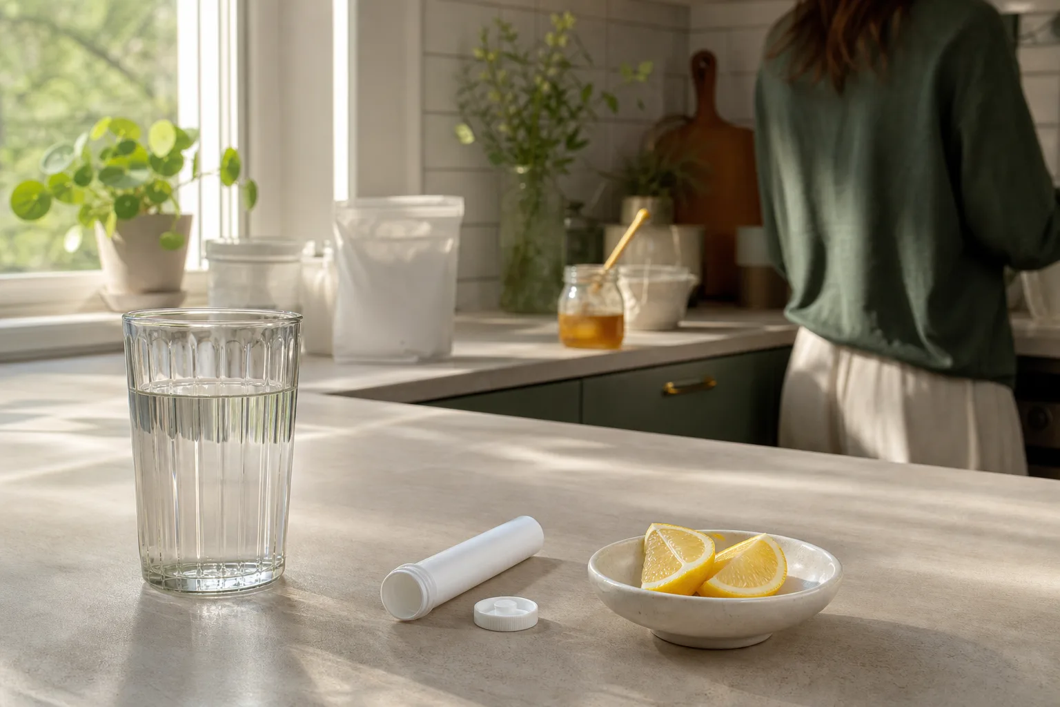 Glas vatten, neutral tub och citronskivor på bänk