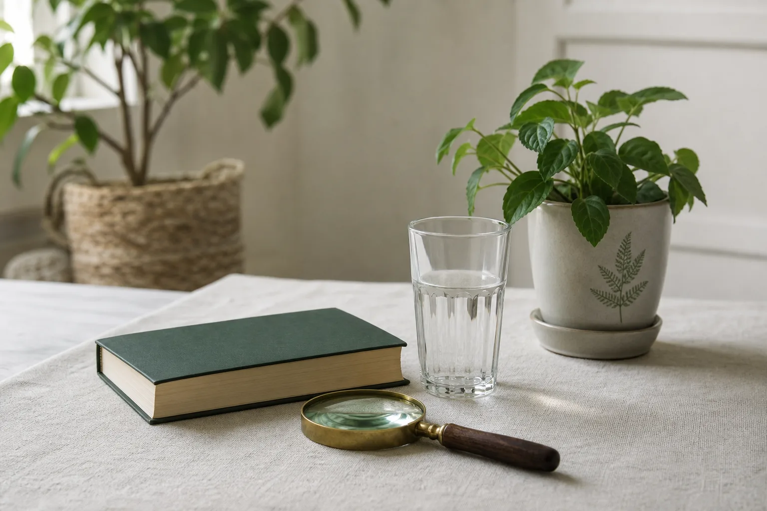 Stängd bok, förstoringsglas, växt och vatten på bord