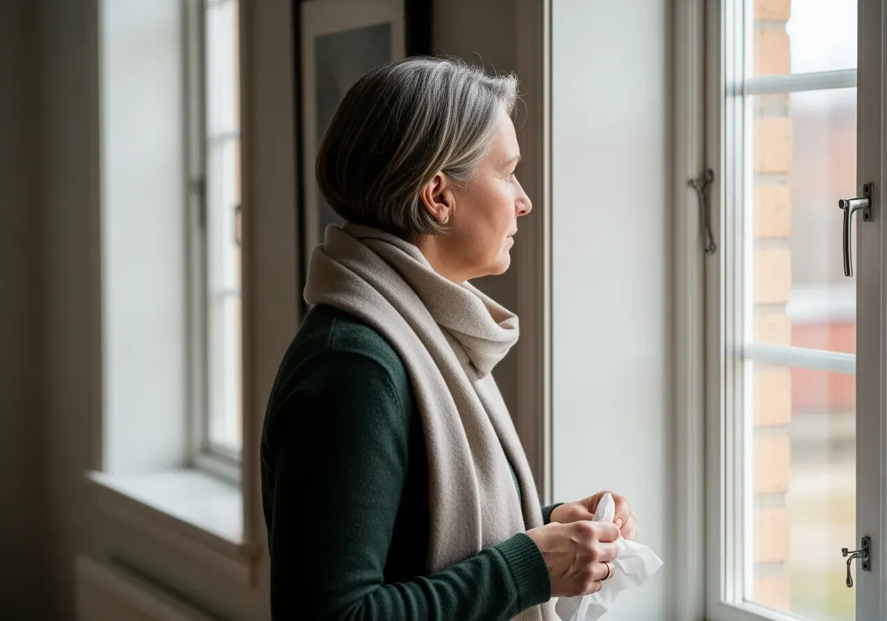 Person med halsduk håller för näsa och andas in