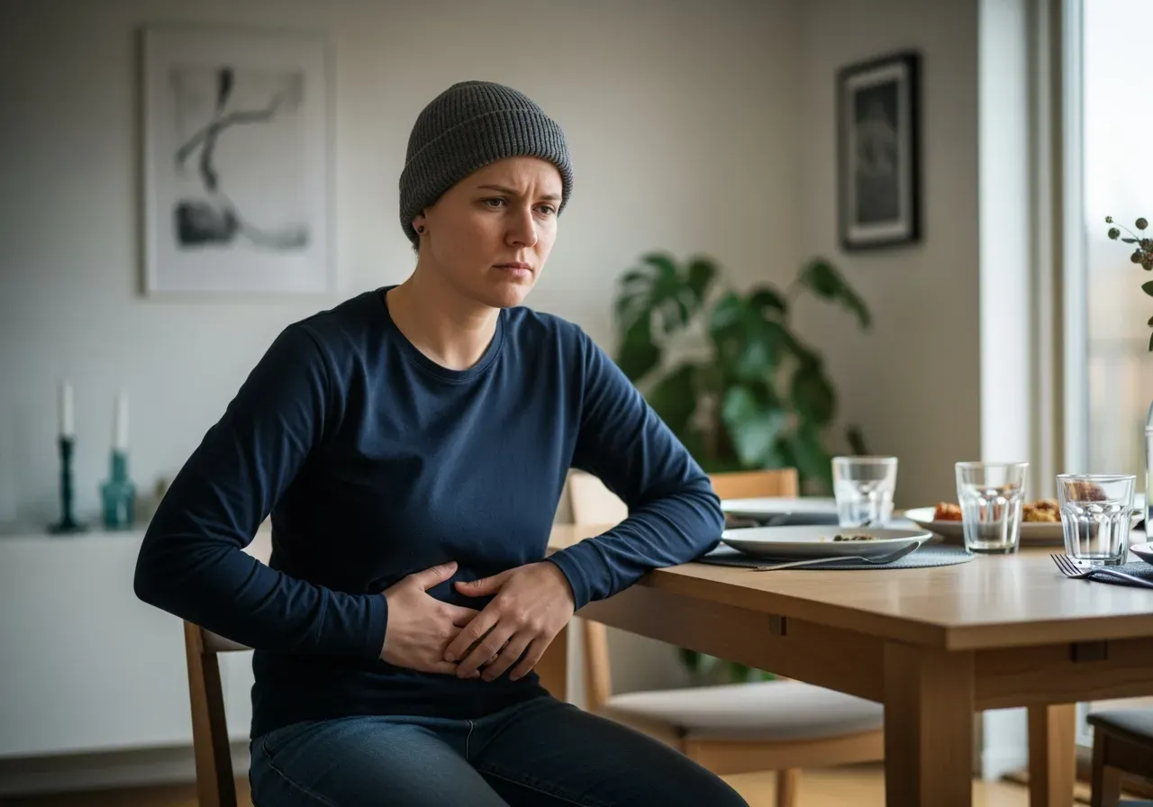 Person med lätt obehag håller sig om magen efter fest