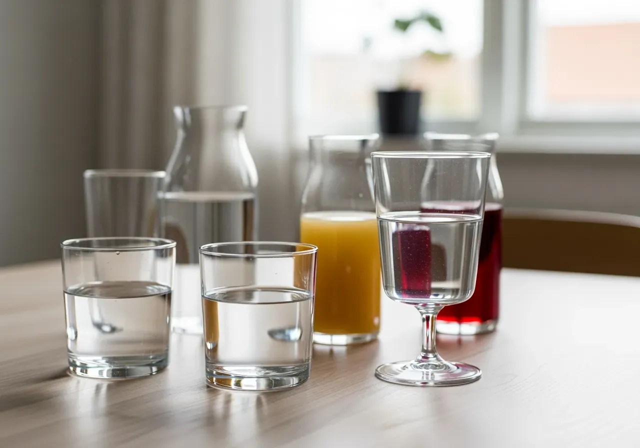 Glas med vatten och andra drycker på ett bord