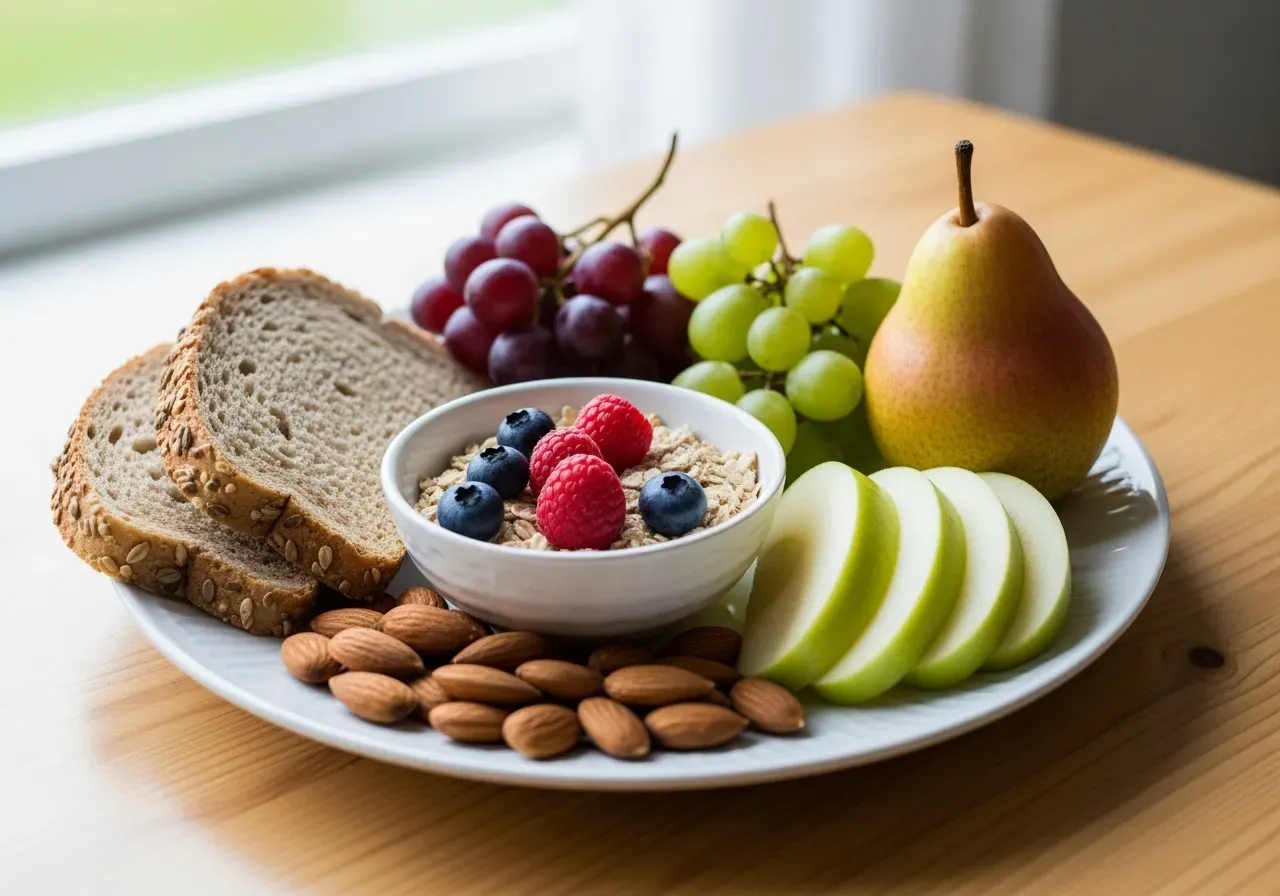 Tallrik med fiberrika livsmedel och frukt
