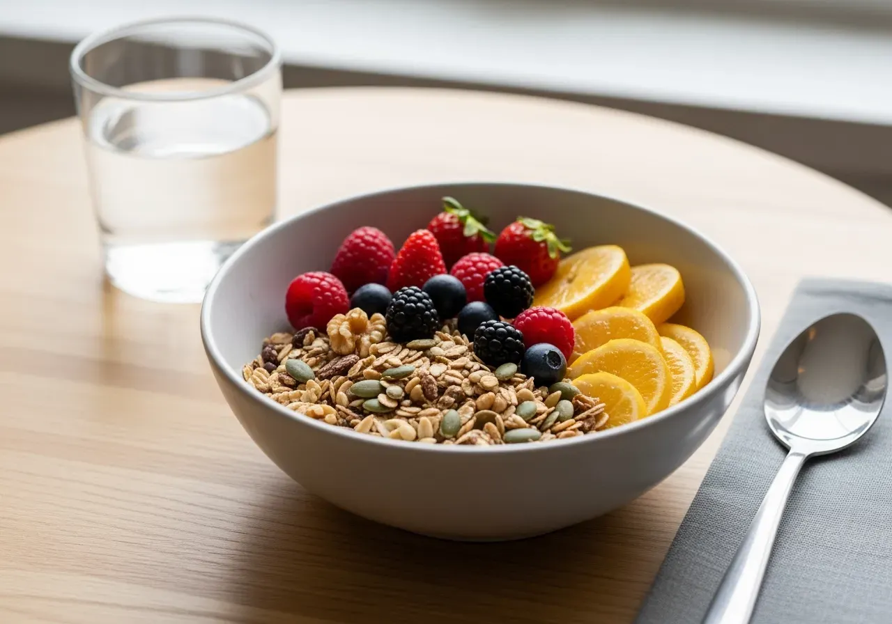 Skål med fiberrik frukost och frukt