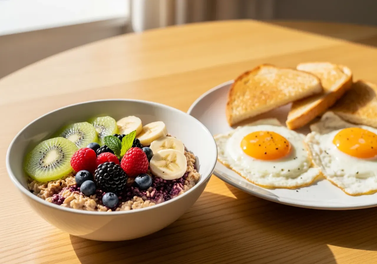 Färgglad frukost med gryn, frukt och ägg