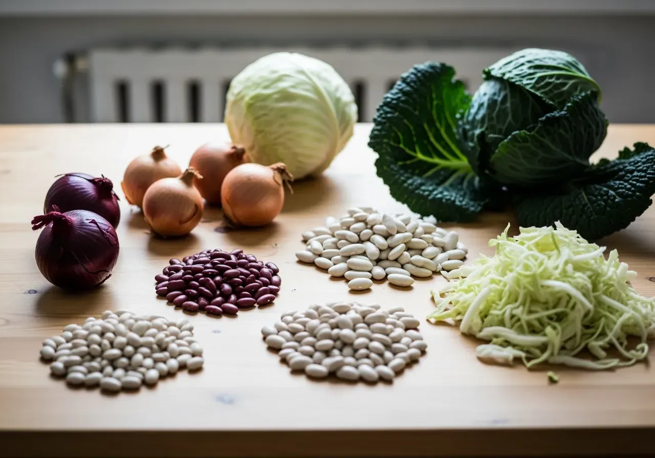 Olika råvaror på ett bord, bland annat bönor, lök och kål