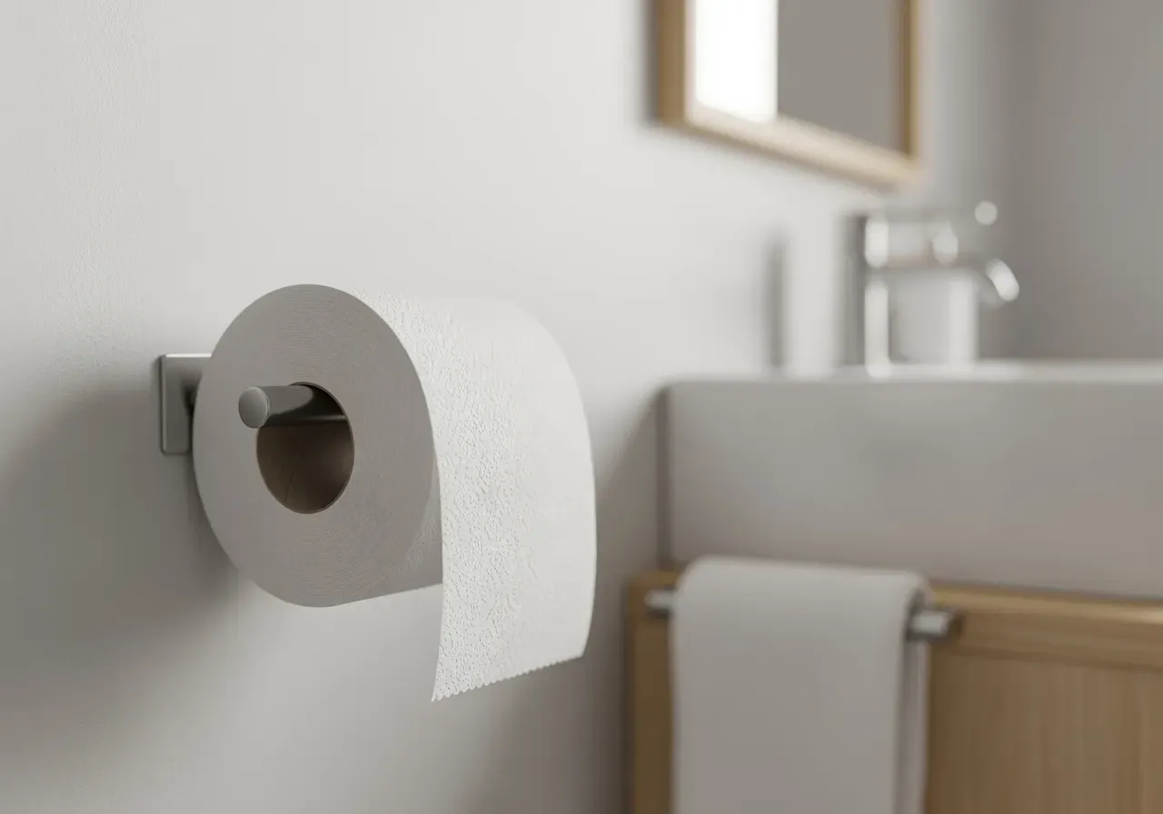 Närbild av toalettpapper och badrumsmiljö
