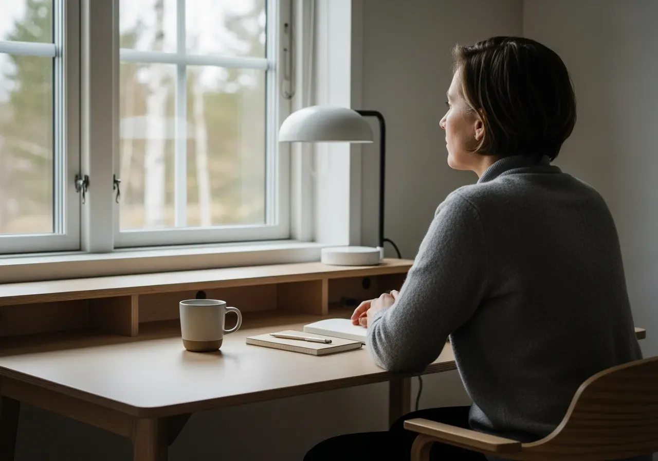 Person som reflekterar vid skrivbord
