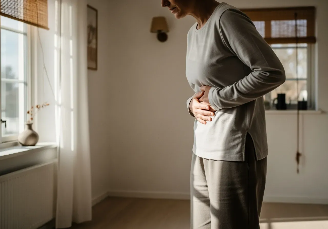 Person som håller sig för magen i morgonljus