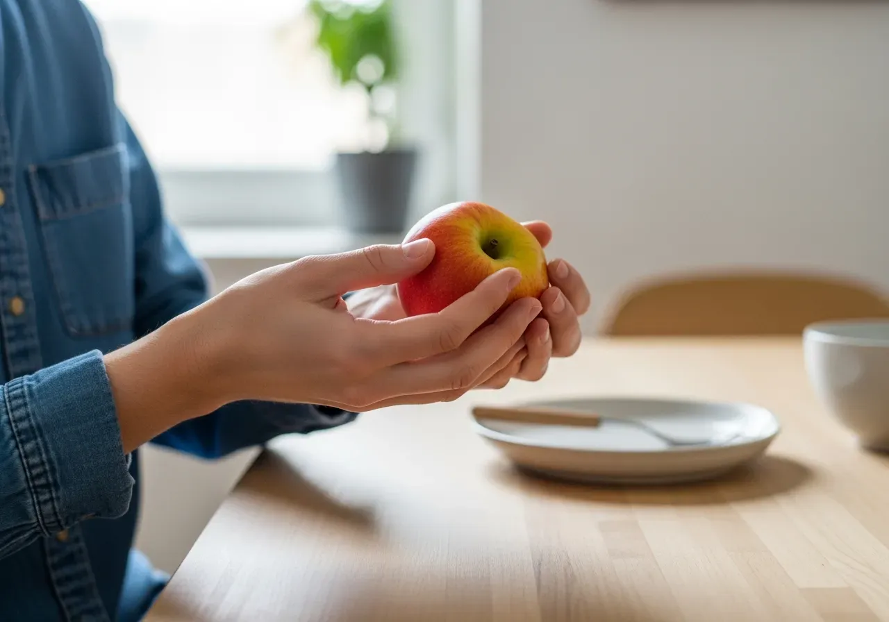 Person håller frukt vid köksbord