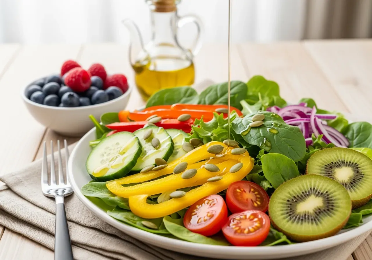 Närbild på sallad och frukt för mage och matsmältning