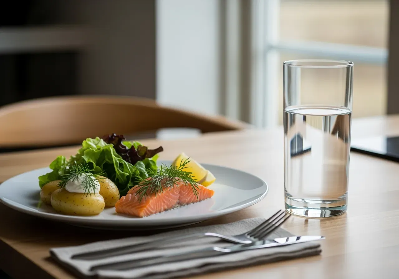 Närbild på en tallrik mat och glas vid bordet