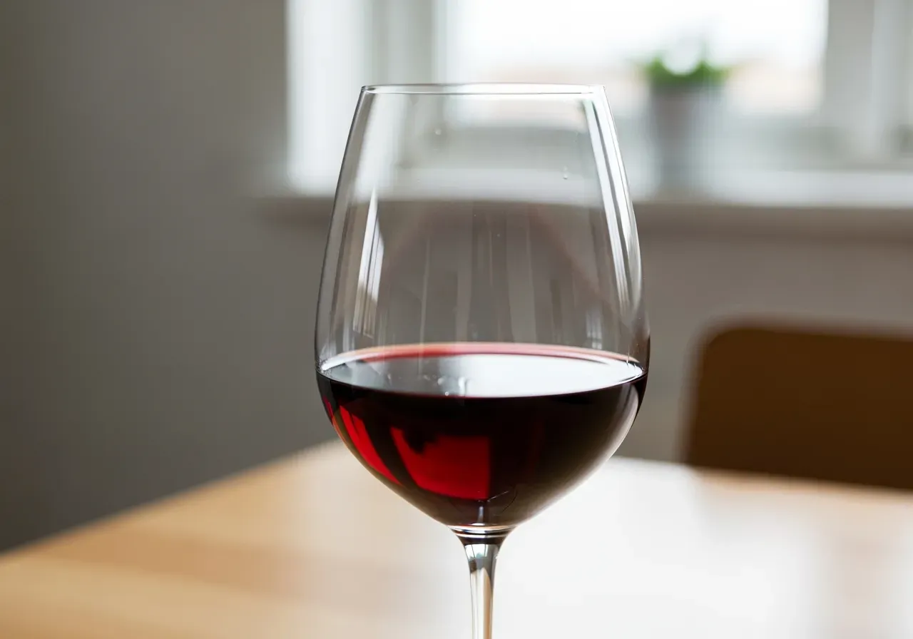 Glas vin på bord med fokus på dryck