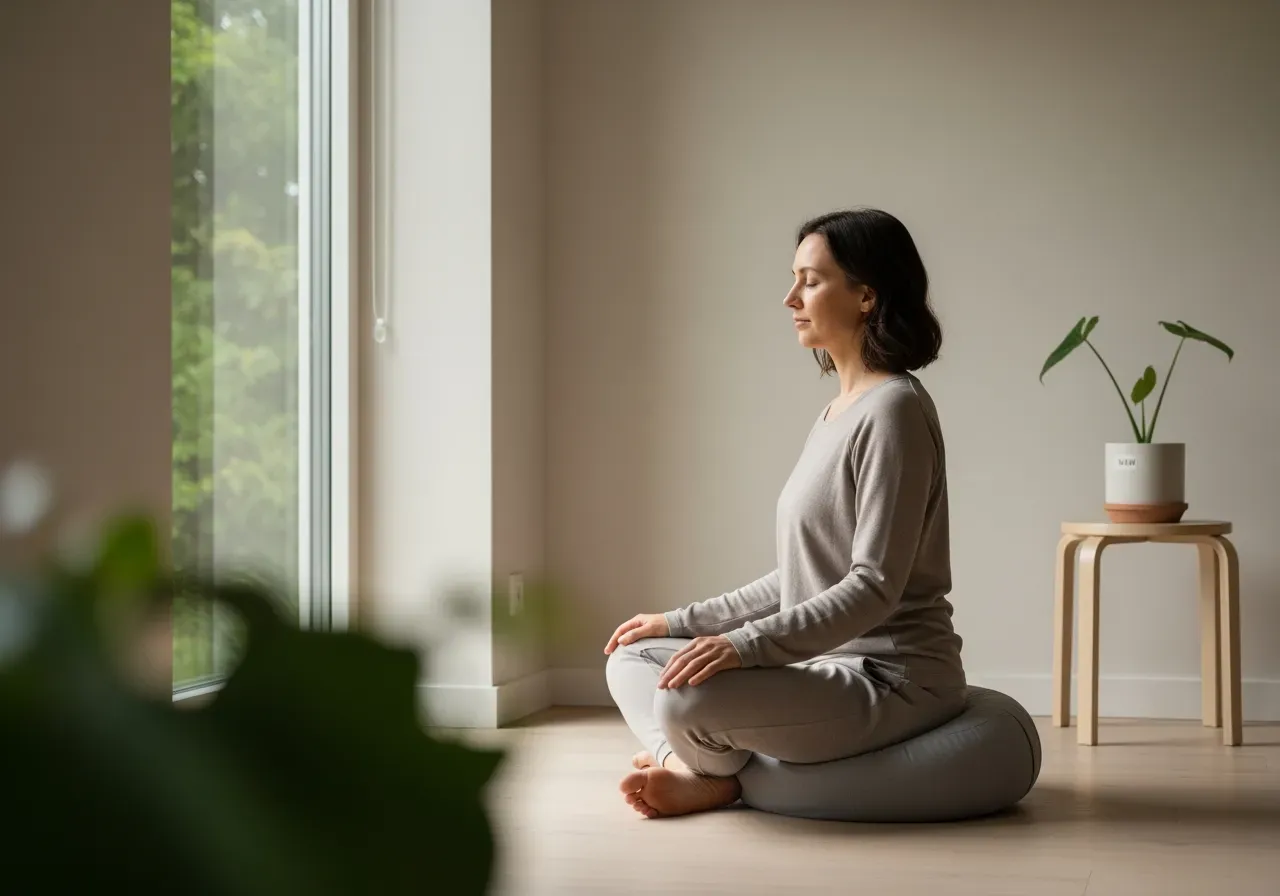 Person sitter i lugn miljö och övar mindfulness