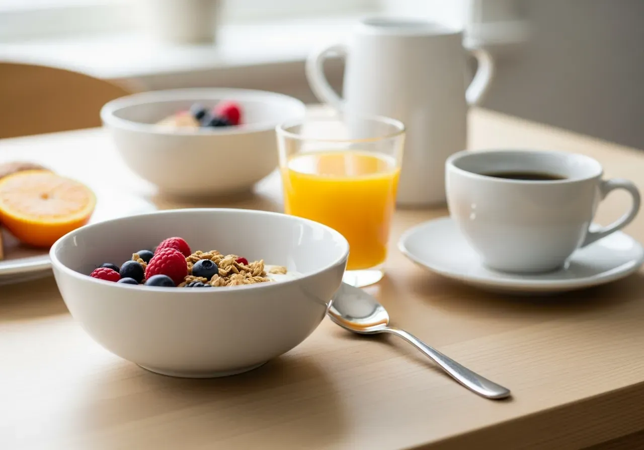 Närbild av frukost och dryck på bord
