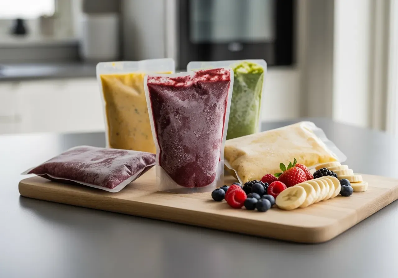 Frysta smoothie-påsar på skärbräda