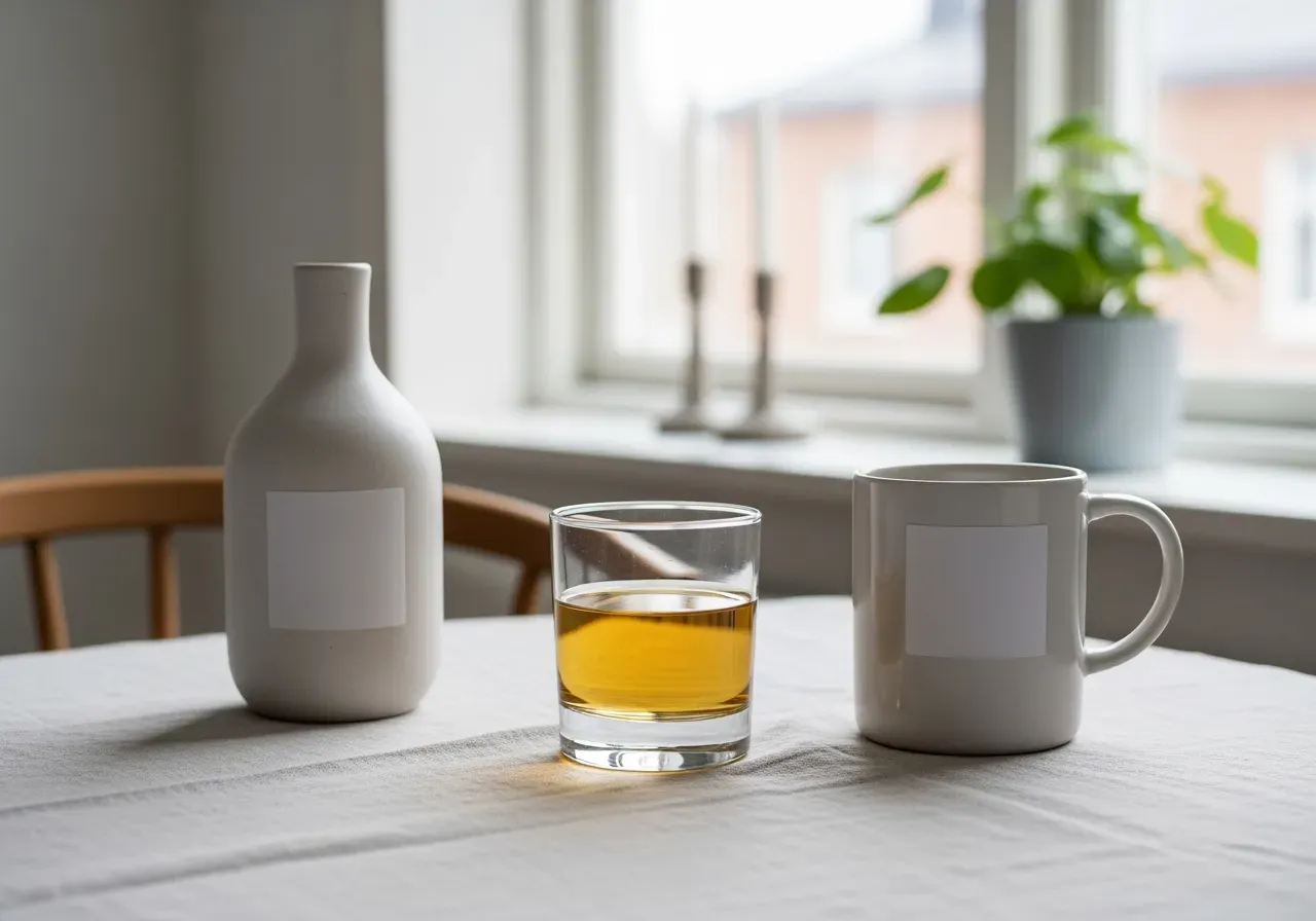 Ett glas alkohol och en vattenmugg på ett bord