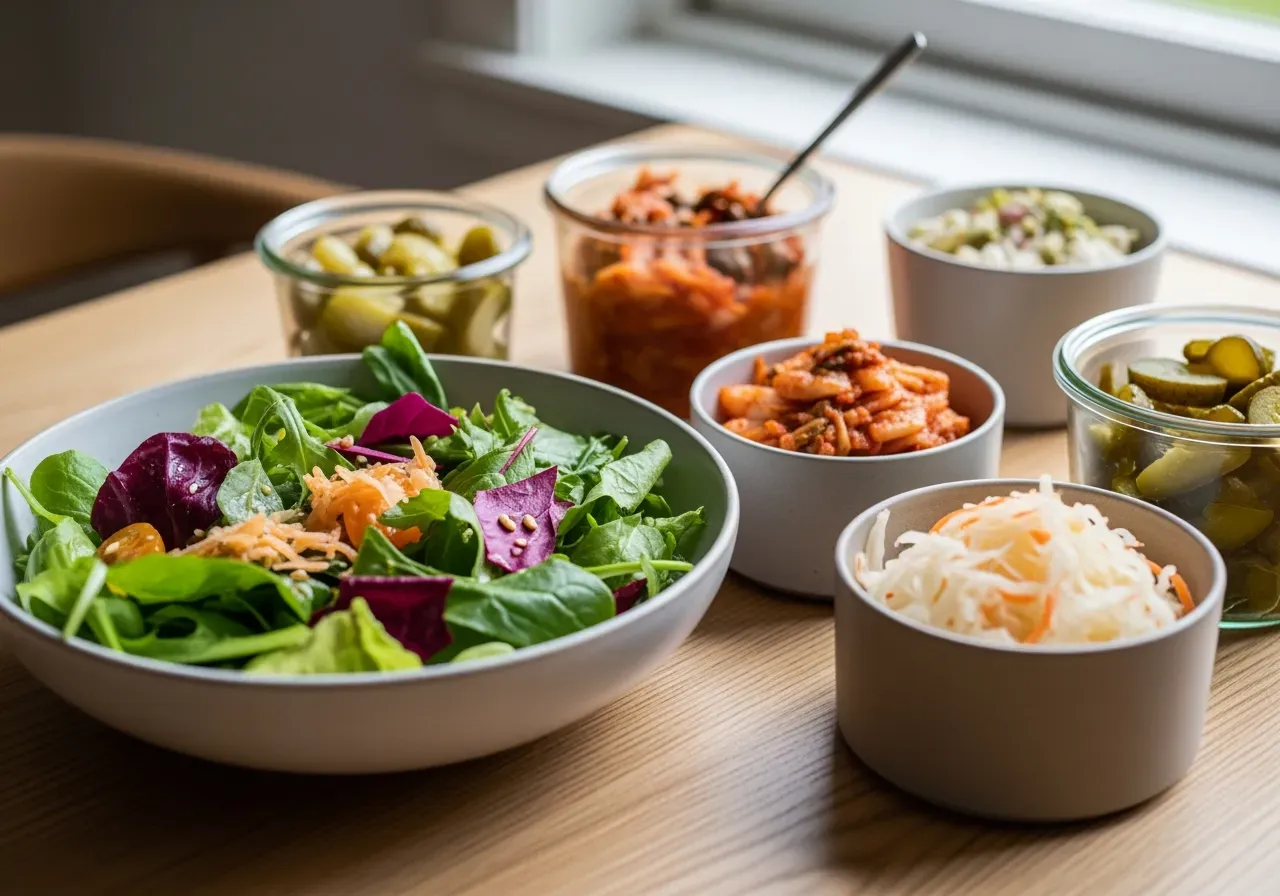 Närbild på sallad och fermenterad mat på bord