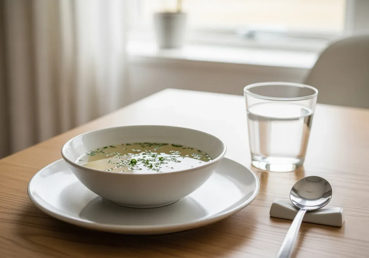Tallrik med klar soppa och dryck vid tarmvila