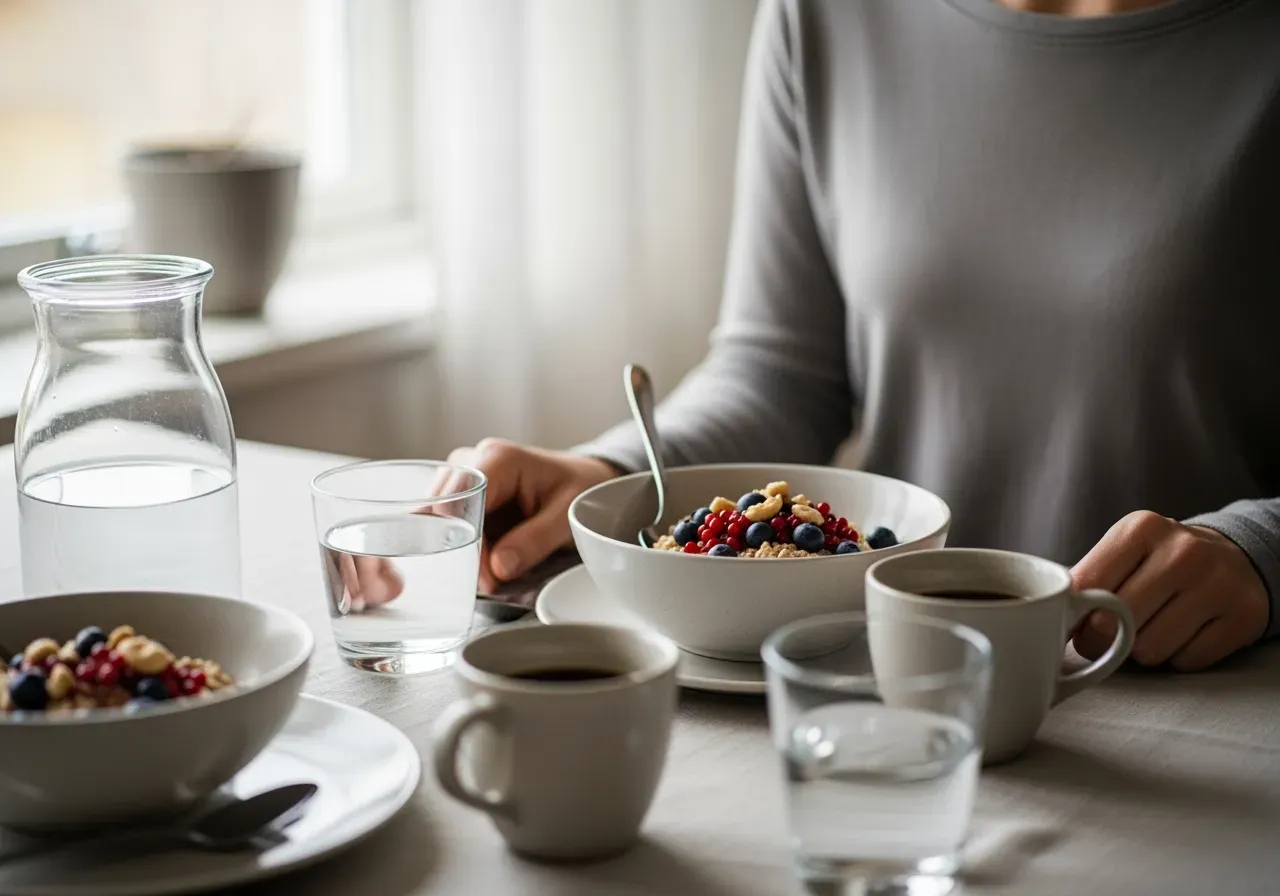 Närbild på frukostbord och mage