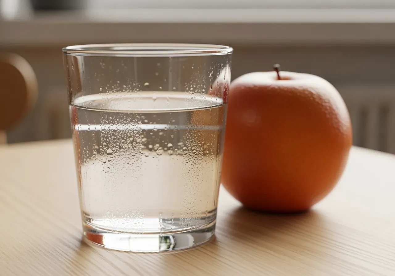 Närbild på ett glas vatten och en frukt