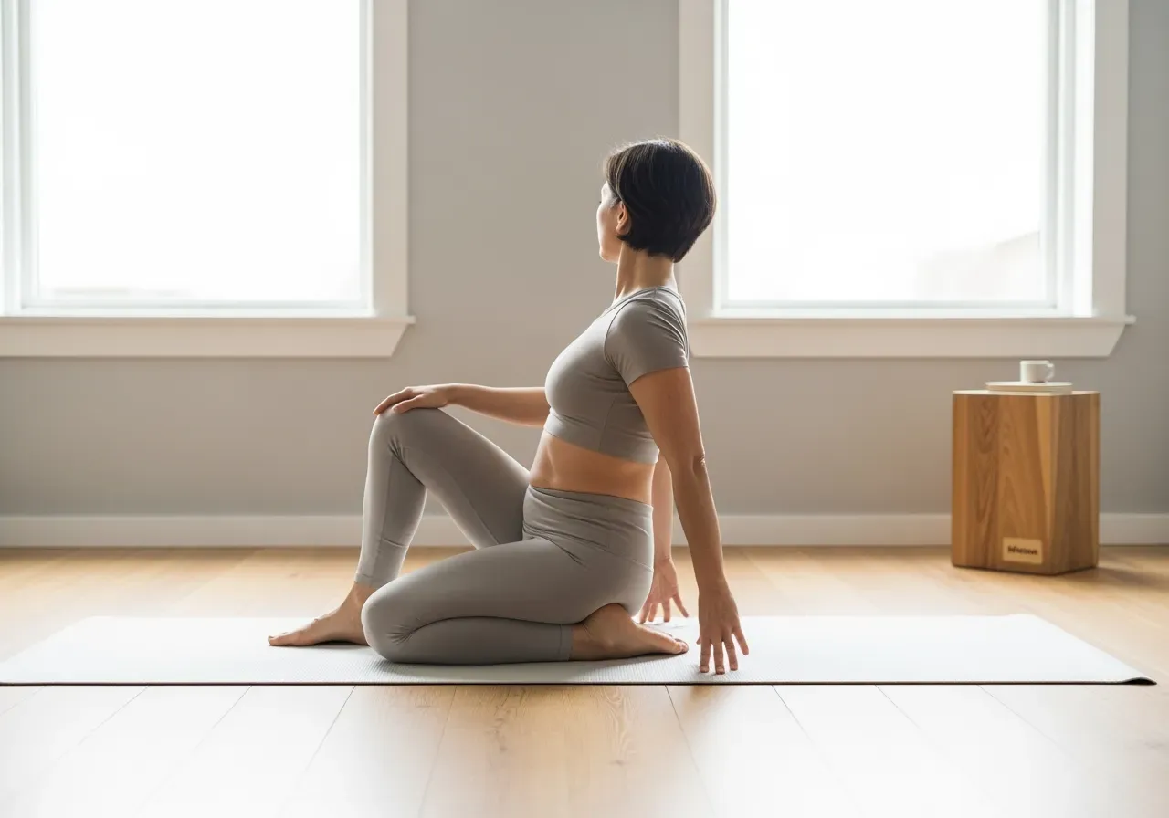 Person som gör lätt yoga för magen