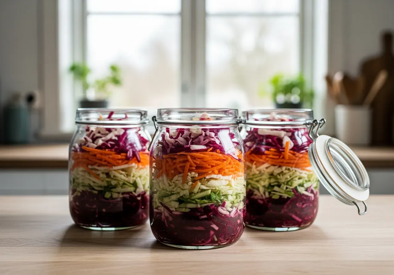 Glasburkar med fermenterad grönsakssallad